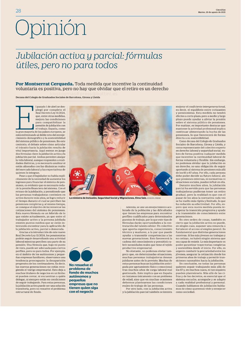 🤔 ¿Sabes cuáles son las opciones para compatibilizar la #pensión de #jubilación con el trabajo?

La decana del <a href="/CGSBARCELONA/">Graduados Sociales</a> <a href="/CerquedaMontse/">Montse Cerqueda</a> lo cuenta a la perfección en su tribuna en <a href="/CincoDiascom/">CincoDiascom</a>🔝

#laboral #trabajo #pensiones
#gs #somgs