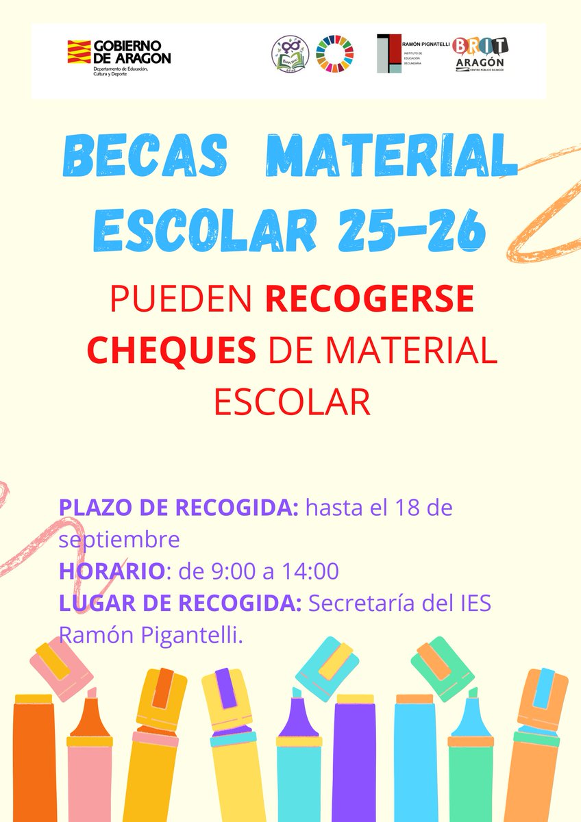 ➡️ Hasta el 18 de septiembre pueden recogerse en la secretaría del centro los Cheques de Material Escolar.

#IESPignatelli