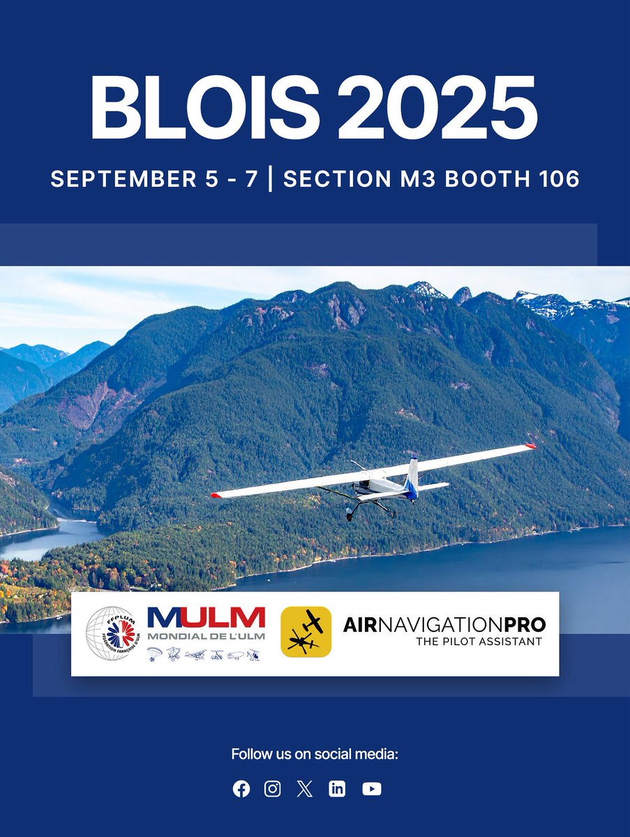 AirNavPro's tweet image. Get ready for a new meet-up! We are excited to announce that we'll be exhibiting at the Mondial de l’ULM from September 5–7 at Blois-Le Breuil aerodrome (LFOQ) in France. You’ll find us in the M3 section, booth 106, right next to our valued partner FFPLUM. Swing by and say hi! 👋