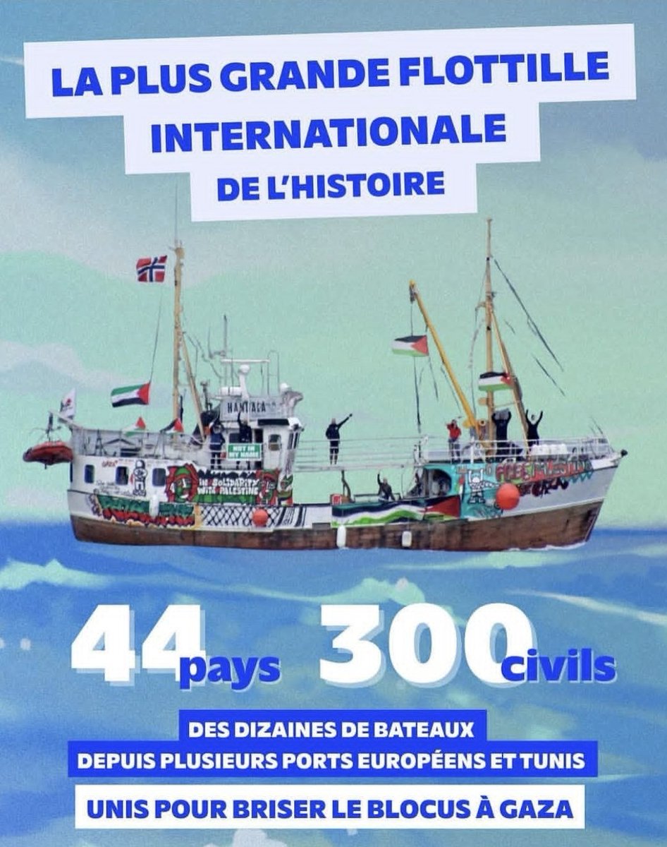 HadrienClouet's tweet photo. La plus grande flottille humanitaire de l'histoire pour briser le blocus criminel de #Gaza, dispositif central du génocide en cours en #Palestine. 

À bord, les plus courageux•ses de mes ami•es. @emma_frr qui y repart au lendemain de son retour, @MarieMesmeur et @Portes_Thomas qui représentent le groupe. Cédric Caubère, responsable de notre @UdCgt31 CGT 31. Soignants, syndicalistes, écologistes, artistes, humanitaires, juristes, tout ce que l'humanité a d'indignation dans un concentré chimiquement pur.

La parole à la poétesse Rafeef Ziadah 🇵🇸 (2011) :
"Aujourd’hui, mon corps a été un massacre télévisé.
Aujourd’hui, mon corps a été un massacre télévisé qui devait tenir en quelques mots et en quelques phrases.
Aujourd’hui, mon corps a été un massacre télévisé qui devait s’inscrire dans des phrases et des mots limités, suffisamment remplis de statistiques pour contrer une réponse mesurée.
J’ai perfectionné mon anglais et j’ai appris les résolutions de l’ONU.
Mais il m’a quand même demandé : "Madame Ziadah, ne pensez-vous pas que tout serait résolu si vous arrêtiez d’enseigner tant de haine à vos enfants ?
Pause.
Je cherche en moi la force d’être patiente, mais la patience n’est pas sur le bout de ma langue alors que les bombes tombent sur Gaza.
La patience vient de me quitter.
Pause. Sourire.
Nous enseignons la vie, monsieur.
Rafeef, n’oublie pas de sourire.
Pause.
Nous enseignons la vie, monsieur".
