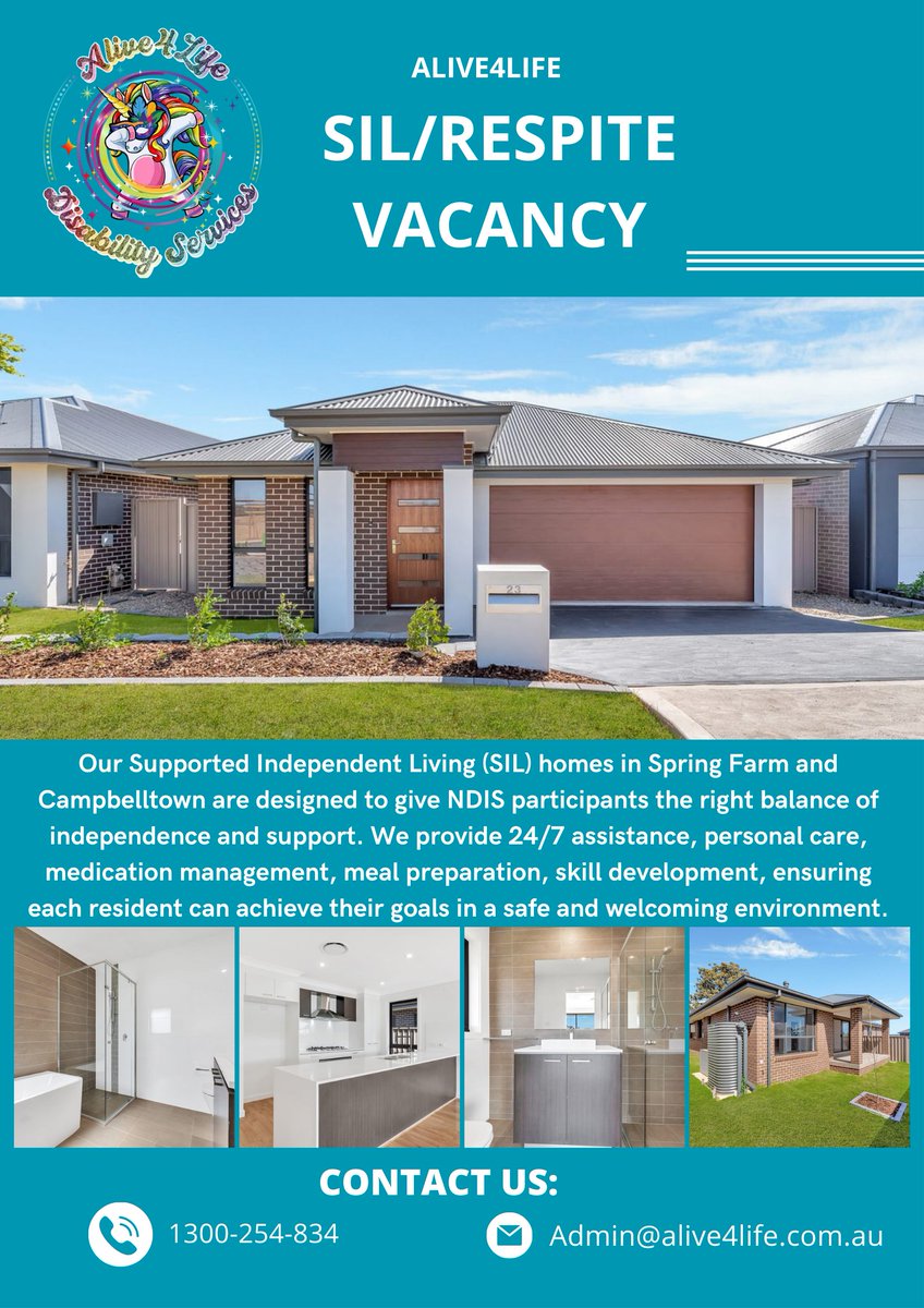 🏡 SIL Homes in Spring Farm &amp; Campbelltown
Providing 24/7 support, personal care for NDIS participants. Live independently with confidence!
📧 admin@alive4life.com.au | 📞 1300 254 834