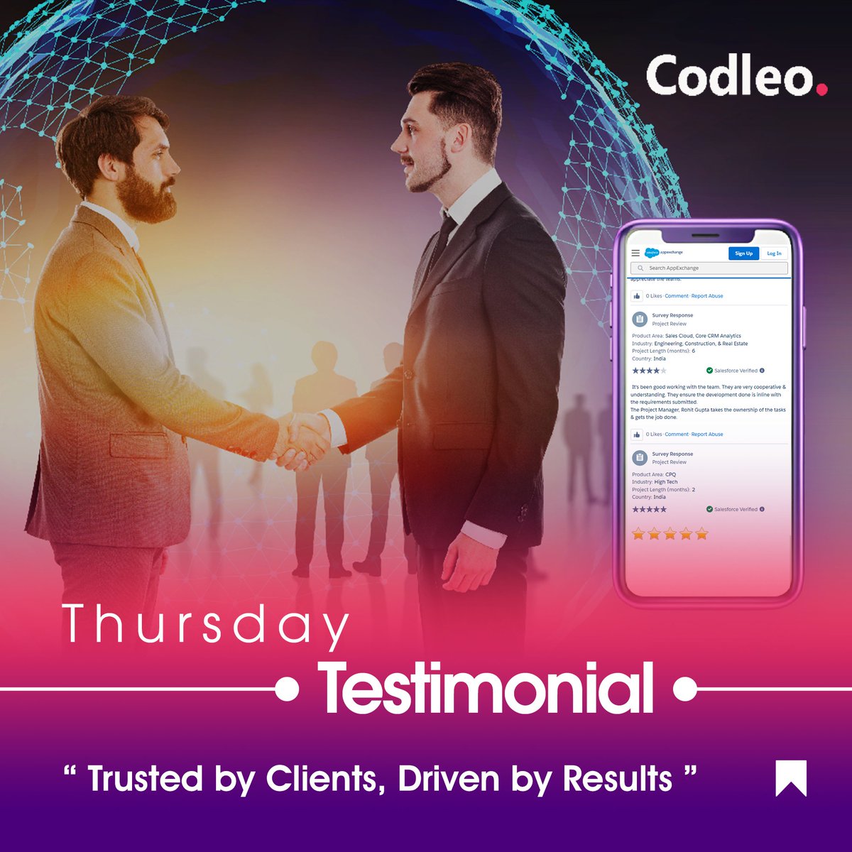 consultcodleo's tweet image. Codleo’s Salesforce expertise transformed the way we work—faster, smoother, better. That’s what our clients say, and it inspires us every single day.   

#clientlove #ThursdayTestimonial #Codleo #salesforcepartner #Salesforce #SalesforceConsultant #Codleoconsulting