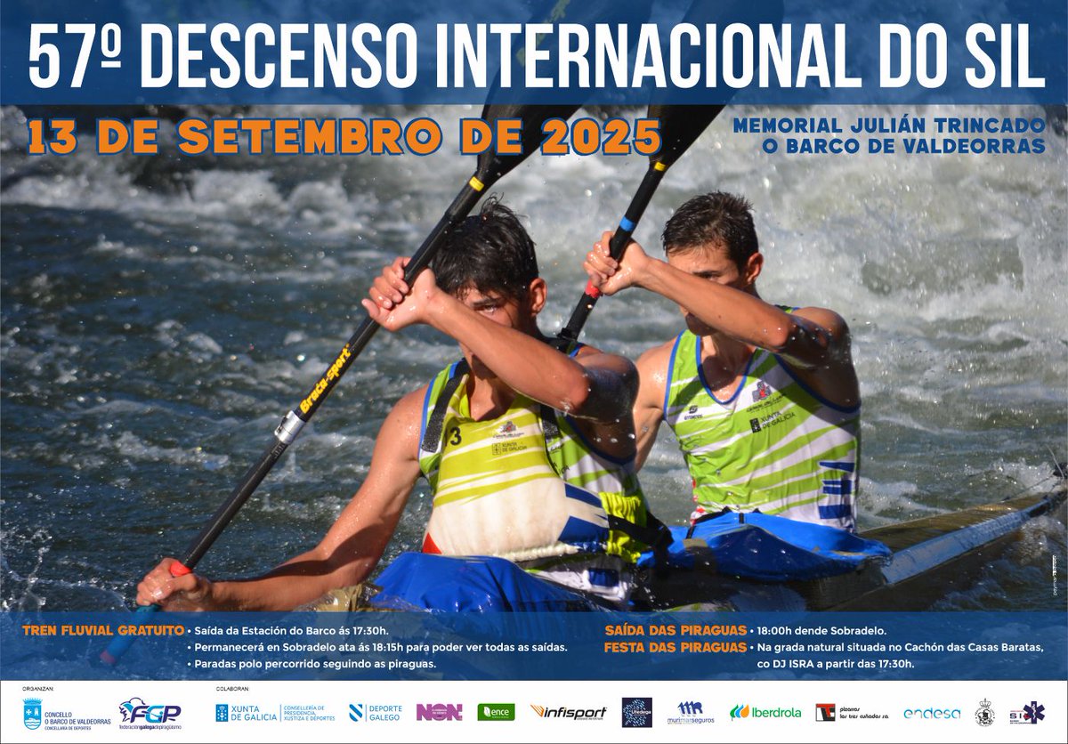 🔥🚣‍♀️ O Sil énchese de vida en O Barco de Valdeorras!

📅 13 de setembro
Unha dobre cita co piragüismo e a festa:

✨ 5º Descenso Popular do Sil
👉 7,5 km de aventura
👉 Saída ás 16:30 h en Sobradelo
👉 Festa das piraguas no Cachón con DJ Isra 🎶

🏆 57º Descenso Internacional do