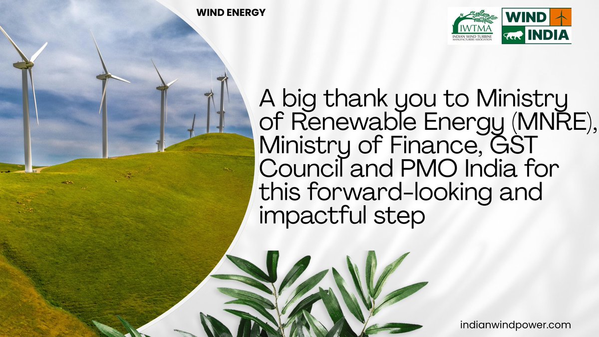 Big relief for India’s wind energy sector! GST on Wind Turbines &amp; WOEG cut to 5%.
A big thank you to <a href="/mnreindia/">Ministry of New and Renewable Energy (MNRE)</a>, <a href="/FinMinIndia/">Ministry of Finance</a>, <a href="/GST_Council/">GST Council</a>, and <a href="/PMOIndia/">PMO India</a> for this forward-looking and impactful step.  

#WindEnergy #WOEG #GSTReform #GreenJobs #EnergyTransition #RTC