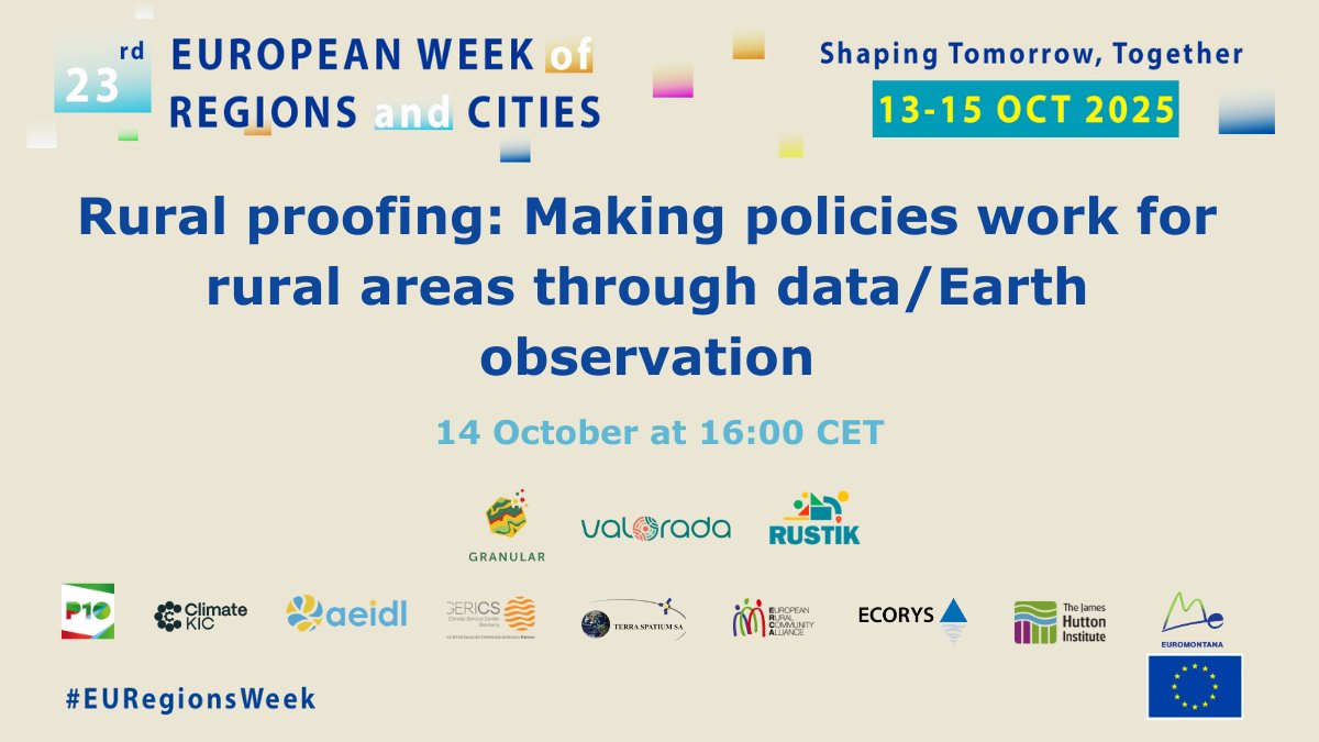 Interested in how policies can better support rural areas? Join us at #EURegionsWeek for Rural Proofing in Action:

📅 14 Oct | 16:00 CET
📍 Brussels

A collaboration between the <a href="/RustikHEU/">RUSTIK</a> , <a href="/VALORADA_EU/">VALORADA</a> &amp; <a href="/ruralgranular/">Rural GRANULAR</a> projects👏

Register by 30/09, places are limited. Don’t