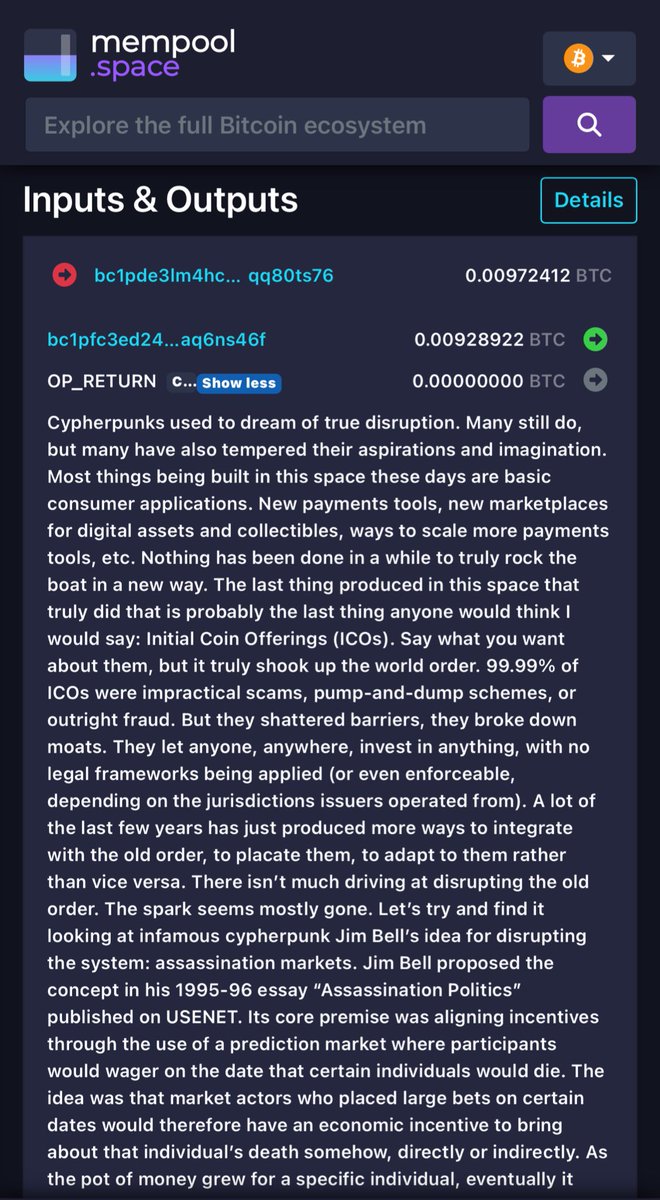 R38TAO's tweet image. Op_return gigante 

“Um textão que é a cara do 38tao. ICOs, golpes, mercado descentralizado de morte, etc.”

Não fui eu: mempool.space/tx/97575036339…