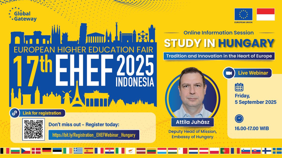 Join our next EHEF 2025 Webinar, brought to you by #TeamEurope "Study in Hungary: Tradition and Innovation in the Heart of Europe". Explore world renowned universities, vibrant student life, and rich culture along the River Danube🇭🇺
📅 5 Sep | 16:00 WIB
bit.ly/Registration_E…