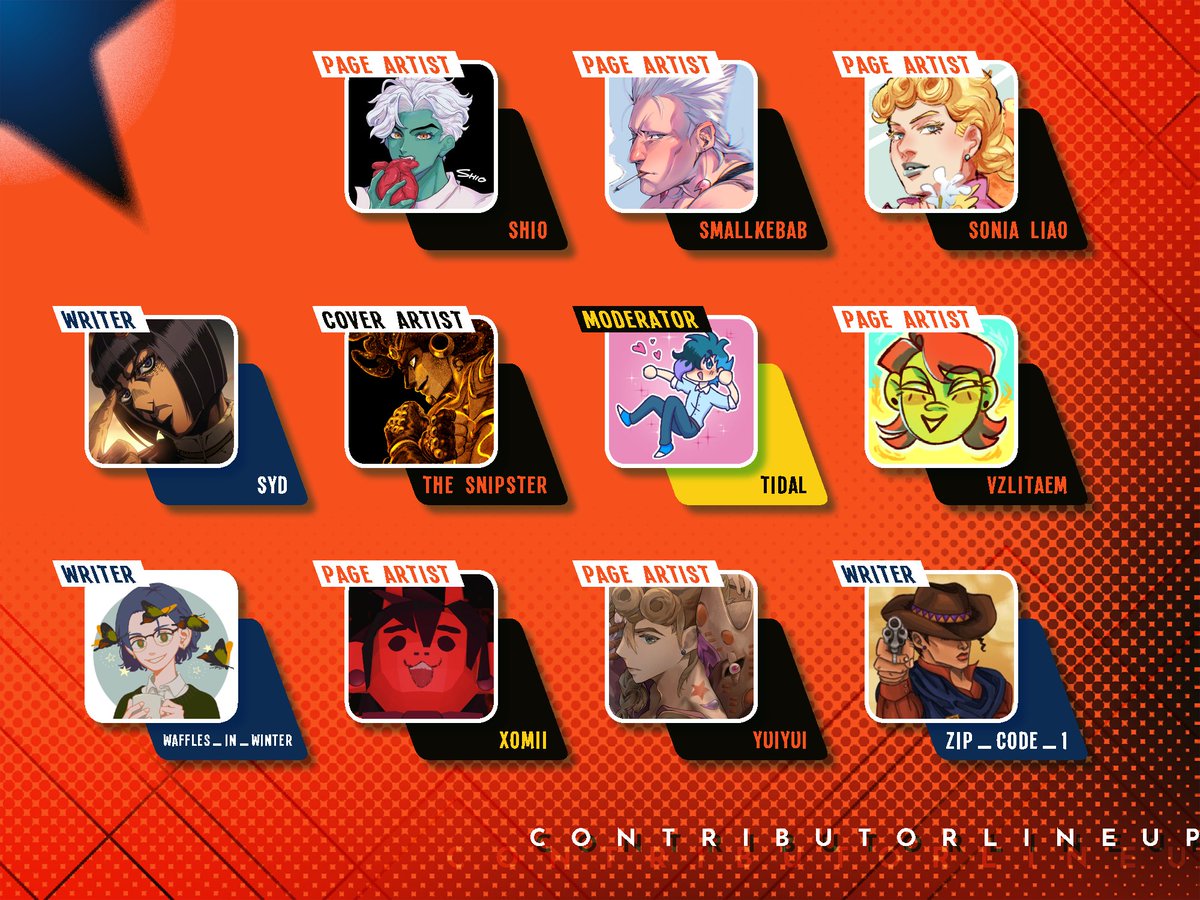 Congratulations to the #jjbalegacyzine creative team (4 of 4): @vampyr_999 , smallkebab , <a href="/sonialiaoart/">Sonia Liao</a> , procyonns , therealsnipster , <a href="/TidalWaveKitty/">Tidal</a>  , <a href="/vzlet2/">ВЗЛІТАЕМ🇺🇦c0mms open</a>  , <a href="/ChillyWaffles/">leggo my eggo</a> , <a href="/Xomii_/">Ｘｏｍｉｉ★👺</a> , <a href="/yui1yui2xx/">ゆいユイ</a> , shoesuke10  #jojozine #jjbazine #jjbafanart #jjbafanfic