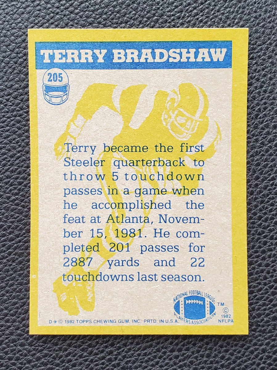 1982 #Topps #205 TERRY BRADSHAW 
They say he’s not an all time great QB, but he won 4 Super Bowls in 6 years, twice back to back… No radio in his helmet, called his own plays, and didn’t have all kinds of rules to protect him or his receivers.
#Footballcards #NFL #Steelers