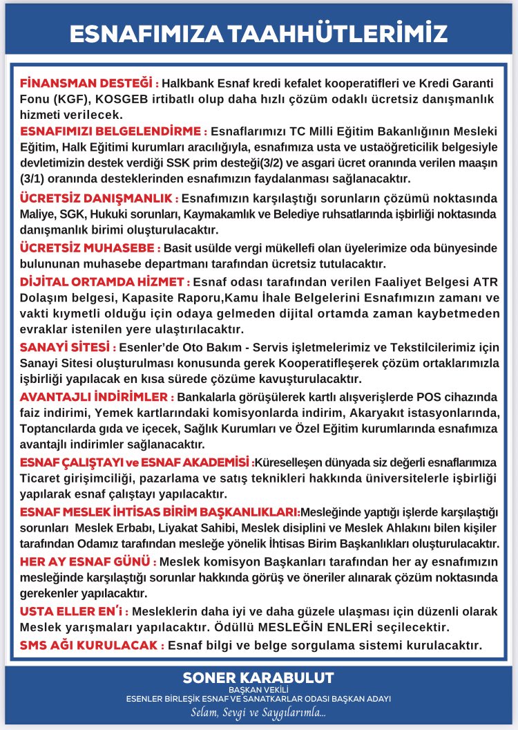 Esenler Esnaf Odası Başkan Adaylık yolculuğumda  ,  Yeni projeler ve Yeni yüzlerle , Esnaflarımıza daha iyi bir hizmet vermek için yola çıkmış olduğumuz bu yolda Destek ve Dualarınızla Kazananın esnafımız olacaktır.