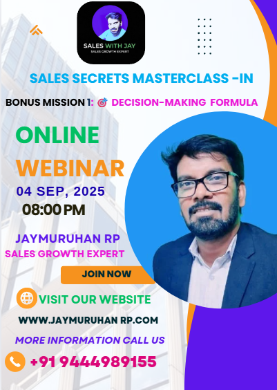 jay_rp31460's tweet image. 🚀 BONUS MISSION 1 – Decision-Making Formula
🎯 Why Decisions = Destiny in Sales

📅 Date: 4th Sep (Thursday)
🕗 Time: 8:00 PM IST
📍 LIVE on Zoom

us06web.zoom.us/j/89441949764?…

– RP Jaymuruhan
Your Sales Coach

#Mission2 #DecisionMakingFormula #SalesWithJay #TamilSalesCoach