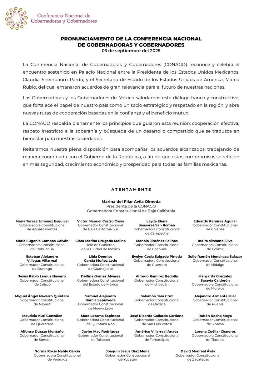 Desde la <a href="/CONAGO_oficial/">CONAGO</a> celebramos el encuentro entre nuestra Presidenta <a href="/Claudiashein/">Claudia Sheinbaum Pardo</a> y el Secretario de Estado de EE. UU., Marco Rubio, del cual surgieron acuerdos clave para el futuro de nuestras naciones. 🙏🏼🇲🇽

Las y los gobernadores de México respaldamos este diálogo,