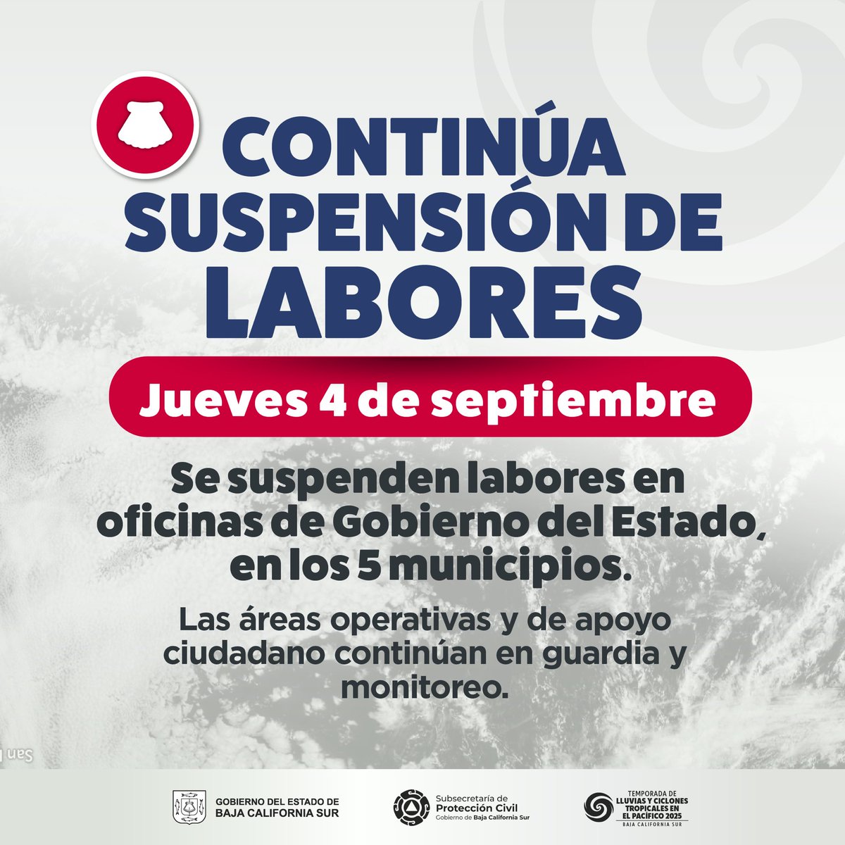 Debido a que continuarán las lluvias por el #HuracánLorena en gran parte de la entidad, se mantiene la suspensión de clases en los cinco municipios, todos los niveles. Asimismo, las labores en oficinas del Gobierno del Estado (<a href="/GobBCS/">Gobierno de BCS</a>), salvo las áreas operativas de seguridad,