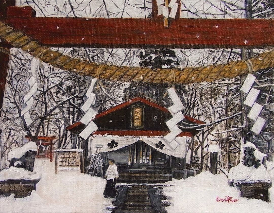060.雪の天満宮（F0号）

⬇️作品コメントはこちら⛩️❄️
home.erikogaro.com/posts/49274311…

#神社 #宮司 #雪
#弘前天満宮 #弘前市

#絵里子画廊 home.erikogaro.com
#工藤絵里子

#過去絵を投げて絵を描いた気になろうキャンペーン