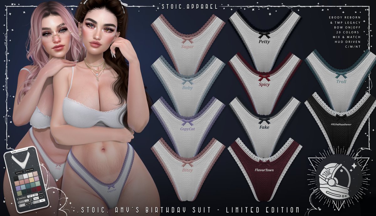 The Bitey.Cat Rikku | .STOIC. (@stoicstoresl) on Twitter photo ๐โจ LIMITED EDITION ALERT! โจ๐
Introducing .STOIC. AMYโS BIRTHDAY SUIT ๐๐
Celebrate the queen of brains & beauty behind STOIC with these quirky, worded panties ๐ฉฒ๐ซ
๐ On SALE EARLY @ The Saturday Sale ๐๏ธ
๐ Grab yours before they vanish! ๐จ
maps.secondlife.com/secondlife/EXHโฆ ๐โจ LIMITED EDITION ALERT! โจ๐
Introducing .STOIC. AMYโS BIRTHDAY SUIT ๐๐
Celebrate the queen of brains & beauty behind STOIC with these quirky, worded panties ๐ฉฒ๐ซ
๐ On SALE EARLY @ The Saturday Sale ๐๏ธ
๐ Grab yours before they vanish! ๐จ
maps.secondlife.com/secondlife/EXHโฆ
