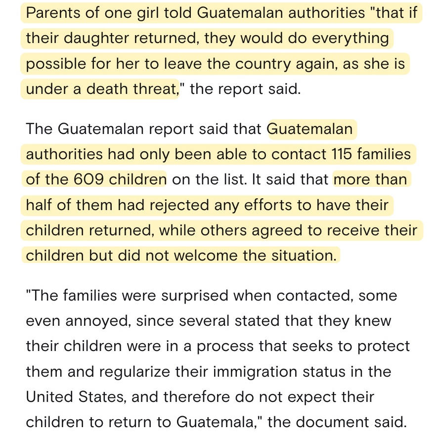 adam_wola's tweet photo. Stephen Miller tweeted that "a Democrat judge is refusing to let" 609 Guatemalan children "reunify with their parents."

Guatemala's general counsel's office (PGN) could find almost no parents who wanted this outcome.

To the contrary, Reuters reports: https://t.co/iuNzIwlkLe https://t.co/BGJSpRWaEu