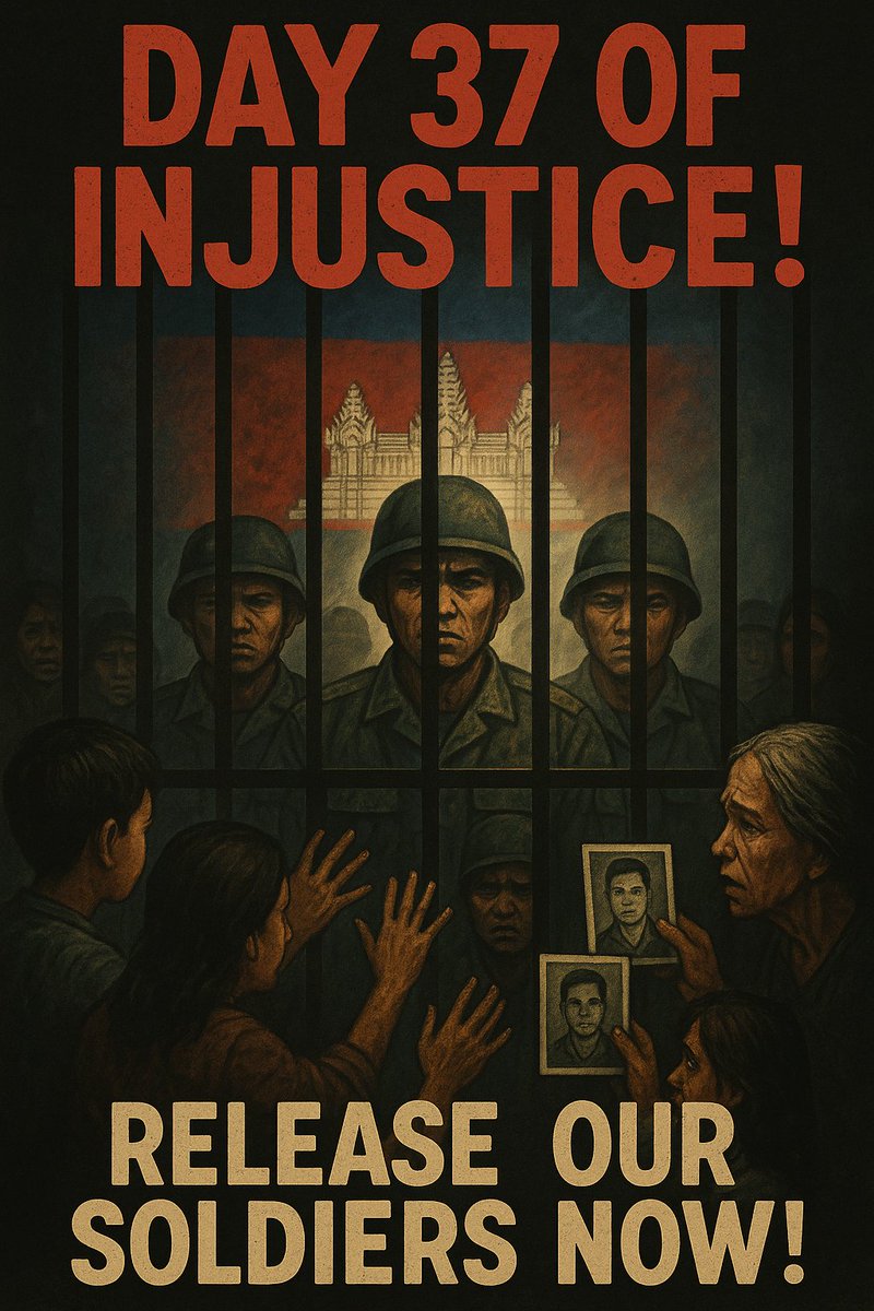 KonNeakh's tweet photo. 37 DAYS TOO LONG!

Cambodian soldiers are still unlawfully detained by Thai forces. Families are suffering. 

Release them NOW! ✊🇰🇭
#FreeCambodianSoldiers #StopUnlawfulDetention https://t.co/zmoeuuaQ8A