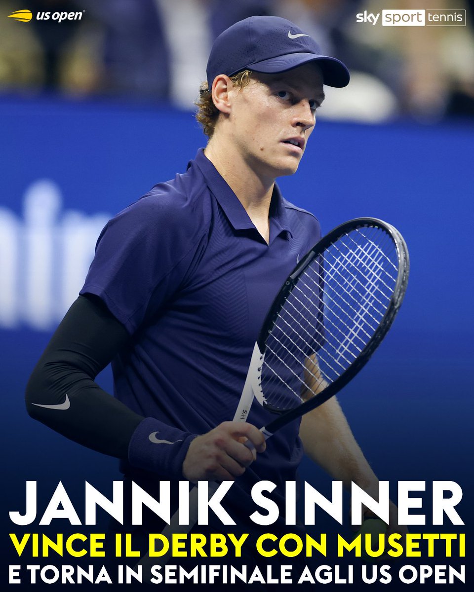 SkySport's tweet photo. Jannik Sinner supera Lorenzo Musetti in 3 set (6-1, 6-4, 6-2), conquistando l'ottava semifinale Slam della sua carriera (la quinta consecutiva) e la dodicesima vittoria di fila a New York: sfiderà Felix Auger-Aliassime per un posto in finale

#SkySport #SkyTennis #Sinner #Musetti #USOpen