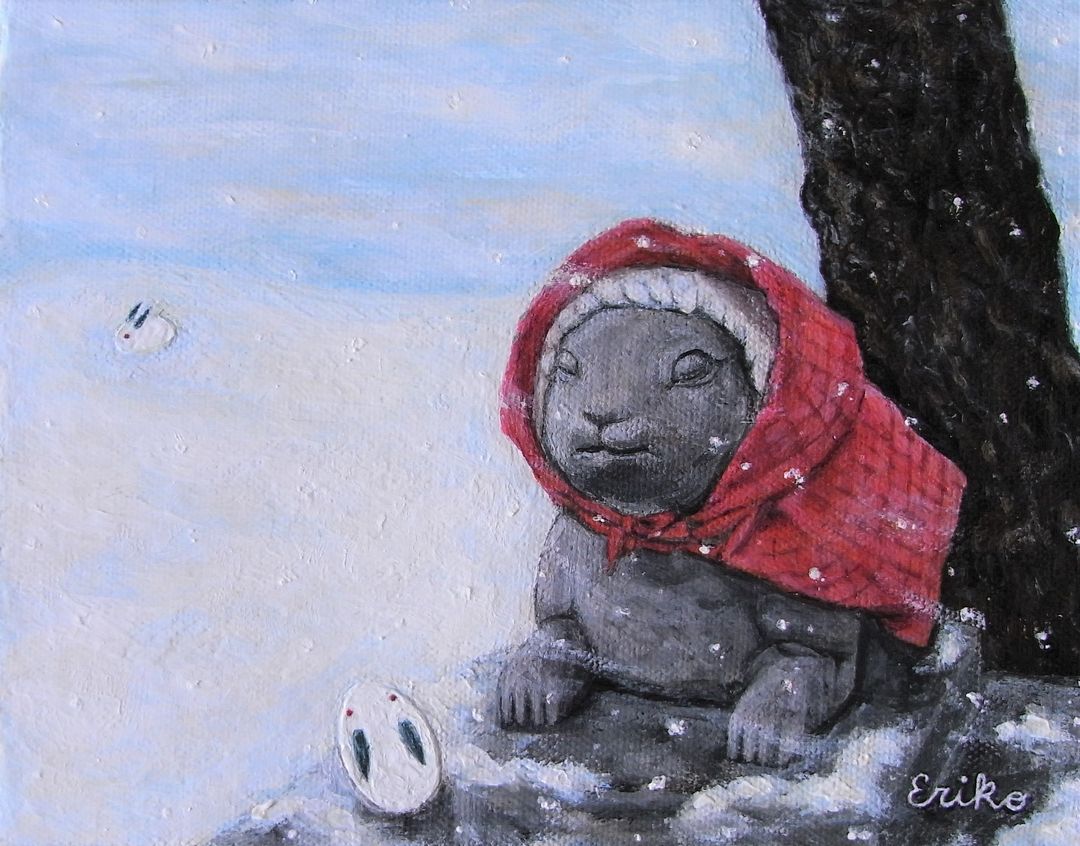 061.雪うさぎ（F0号）

⬇️作品コメントはこちら⛩️🐇❄️☃️
home.erikogaro.com/posts/49274452…

#神社 #狛兎 #頭巾
#雪うさぎ #ピョンピョン #雪　
#弘前天満宮 #弘前市

#絵里子画廊 home.erikogaro.com
#工藤絵里子

#過去絵を投げて絵を描いた気になろうキャンペーン