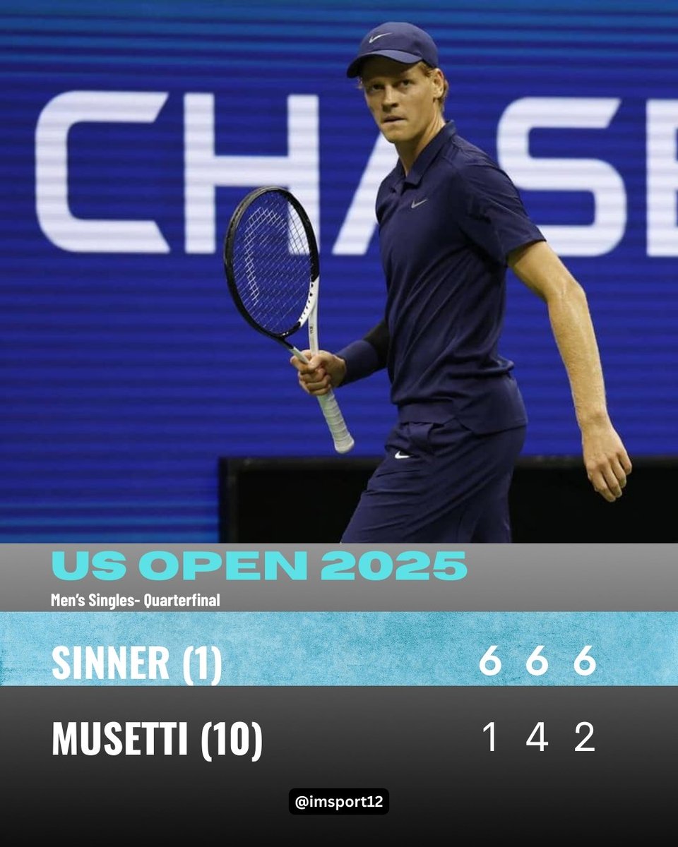 JANNIK SINNER def Lorenzo Musetti 61 64 62 to reach 2nd consecutive #USOpen semifinal, 8th Career Grand Slam SF

Next Felix Auger-Aliassime in SF on Friday 

#USOpenTennis #USOpen2025