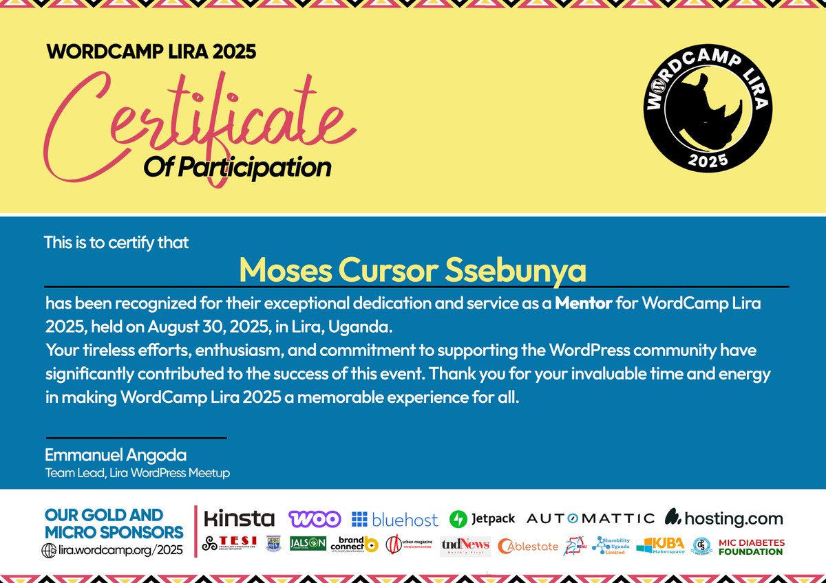 Excited to serve as a Mentor at <a href="/WordPressLira/">WordCamp Lira 2025</a>. Guiding fellow WordPress enthusiasts, sharing tips, and learning together. The energy &amp; creativity  was amazing! 💻✨ 

Congratulations <a href="/angodaemmanuel/">Emmanuel Angoda</a> for a great event you hosted