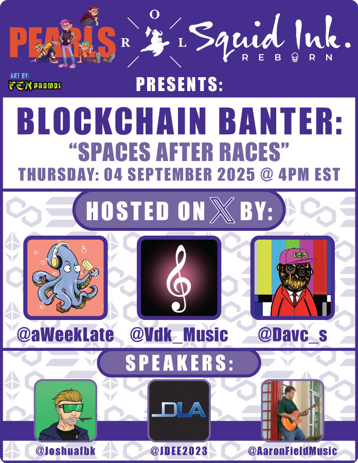 I am Co-Hosting #BlockchainBanter: #SpacesAfterRaces w/ my friends <a href="/Vdk_Music/">VDK Music 🇨🇦</a> &amp; <a href="/Davc_s/">Dave Swinbank</a>!

Guest speakers <a href="/joshuafbk/">Joshuafbk 3Dadz</a> <a href="/JDEE2023/">🪖☮️🇪🇨🇺🇸🌱➕ ג'דלא</a> &amp; #Music by <a href="/AaronFieldMusic/">Aaron Field Music</a>!

#Web3 #Gaming #Art #Crypto #NFT #Prizes

See you there!

Share link 👇👇👇 Details below 👇👇👇
x.com/i/spaces/1jMKg…