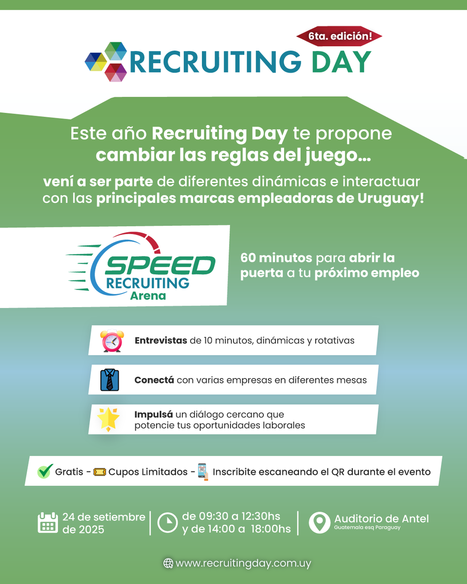 🔥 #RecruitingDay 2025
📅 Un solo día. Un solo lugar.

👔 Marcas empleadoras top
💼 Ofertas reales
🚀 Speed Recruiting Arena

✅ Entrada gratis | 🎟 Cupos limitados
📲 Inscribite 👉 recruitingday.com.uy

#Empleo #Uruguay