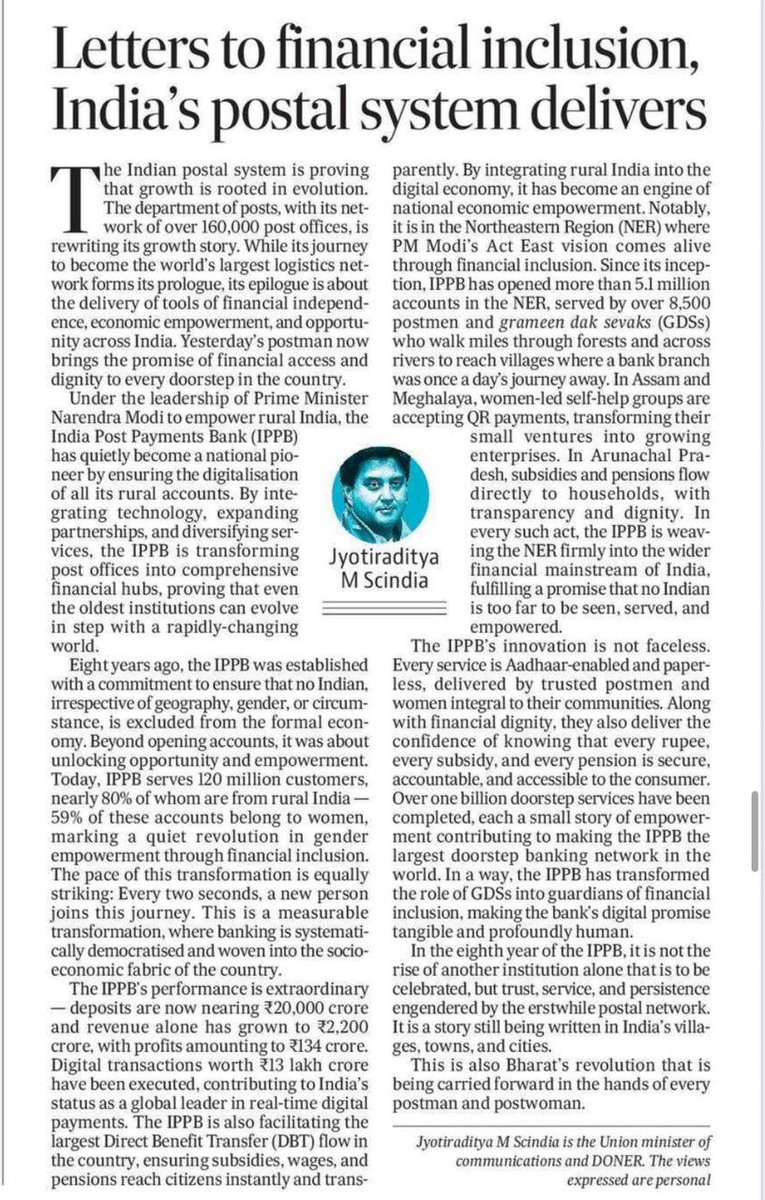 Jyotiraditya M. Scindia (@jm_scindia) on Twitter photo Under Hon’ble PM <a href="/narendramodi/">Narendra Modi</a> ji’s clarion call of Sabka Saath, Sabka Vikas, Sabka Vishwas, <a href="/IndiaPostOffice/">India Post</a> and <a href="/IPPBOnline/">India Post Payments Bank</a> have redefined one of the world’s oldest postal networks into the globe’s largest doorstep banking system.
In consonance with this vision, the India Under Hon’ble PM <a href="/narendramodi/">Narendra Modi</a> ji’s clarion call of Sabka Saath, Sabka Vikas, Sabka Vishwas, <a href="/IndiaPostOffice/">India Post</a> and <a href="/IPPBOnline/">India Post Payments Bank</a> have redefined one of the world’s oldest postal networks into the globe’s largest doorstep banking system.
In consonance with this vision, the India