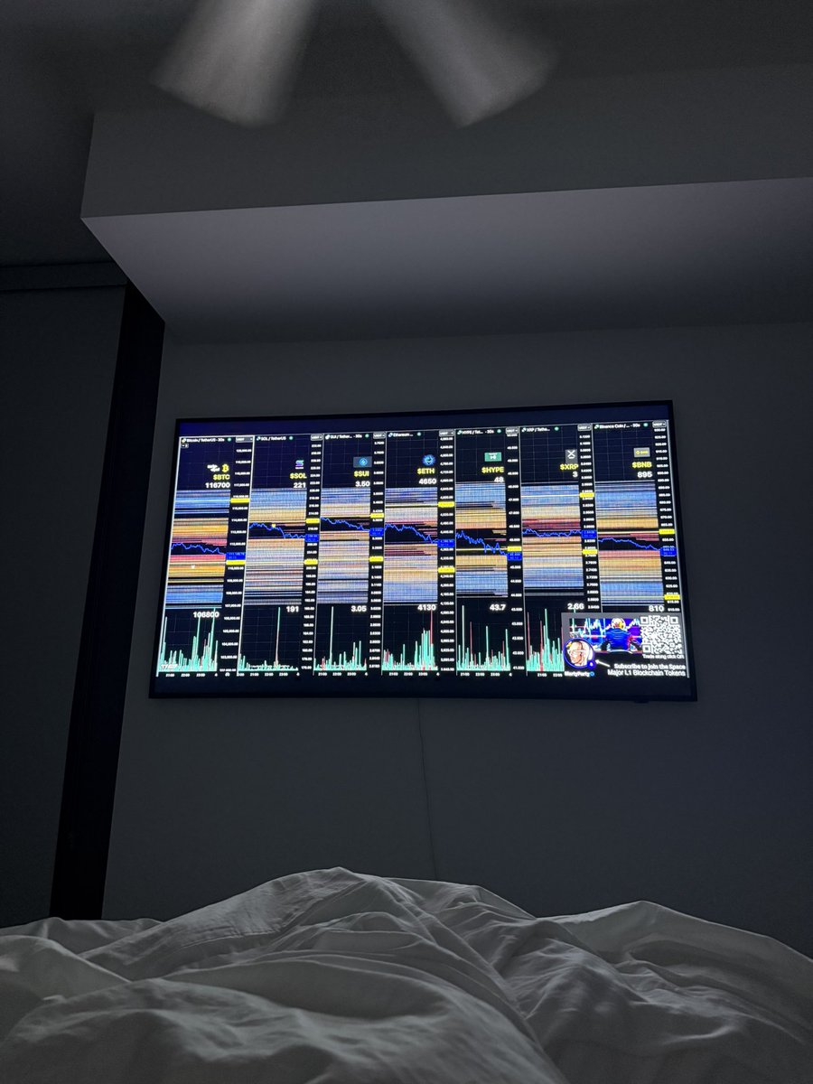 MartyPartyの75インチ4Kテレビに表示された、BTC、SOL、そしてミーム人気銘柄のPEPEやSHIBのカラフルな清算レベルチャート