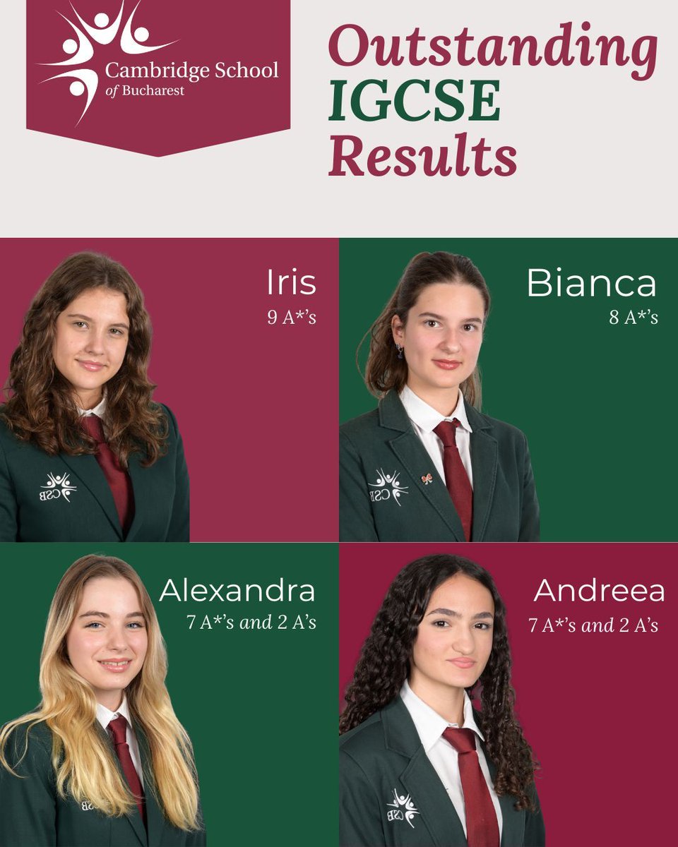 CSBucharest's tweet image. 🌟 IGCSE Excellence!
Huge congratulations to Andreea, Iris, Alexandra & Bianca for their outstanding results this year! Your dedication and perseverance have truly paid off — a shining example of Confidence, Success & Belonging at CSB. @CambridgeInt
#ProudtobeCSB #IGCSEResults