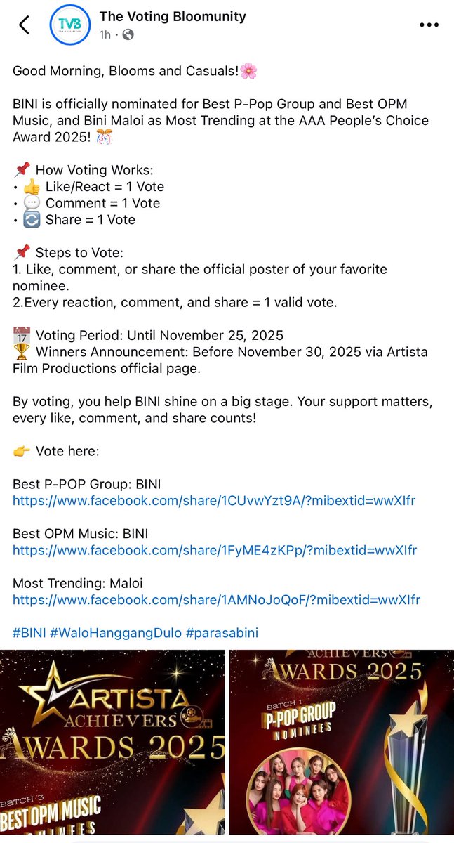 Hello everyone!

The AAA 2025 is ongoing and #BINI | <a href="/BINI_ph/">BINI_PH</a> as well as <a href="/bini_maloi/">Maloi Ricalde ౨ৎ</a> individually are nominated in 3 categories. The voting is via the blue app! 

Kindly visit the link below and follow the easy instructions on how to vote!

m.facebook.com/story.php?stor…

Please share