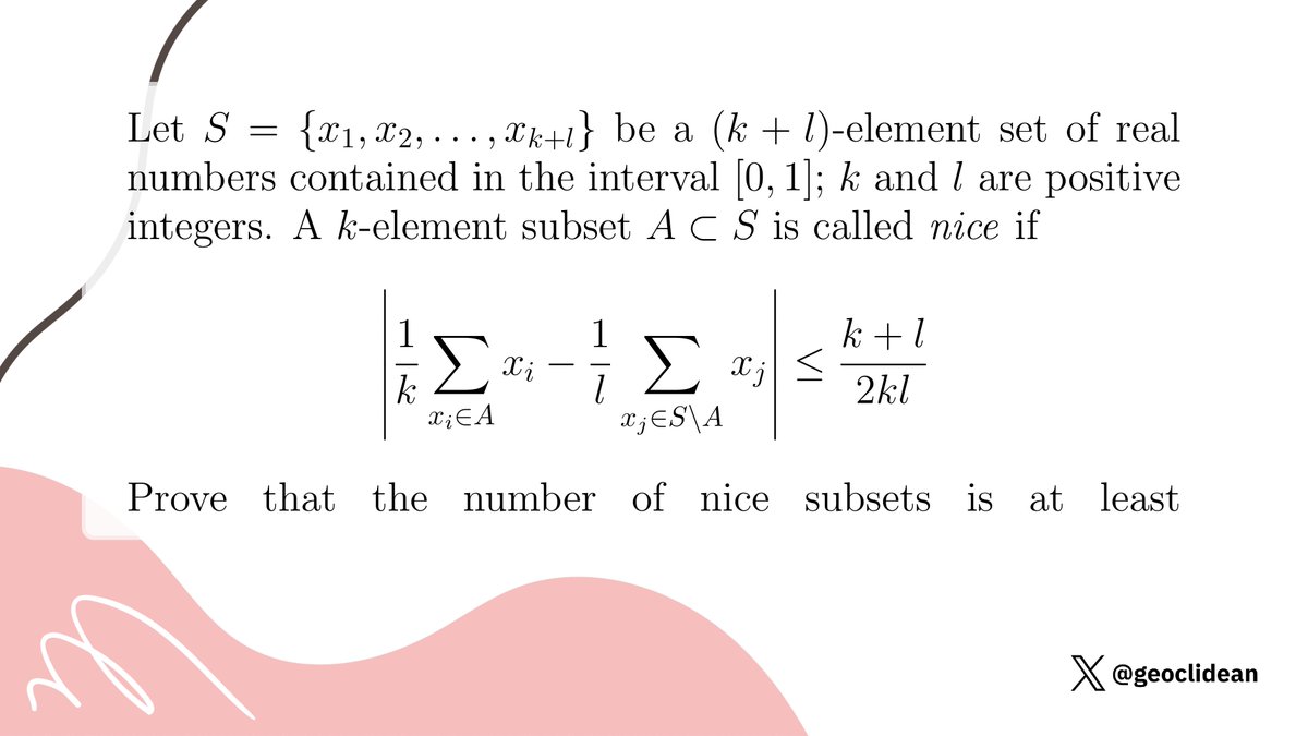 geoclidean's tweet image. IMO ShortList 2008, Combinatorics problem 5
#Combinatorics #ProbabilisticMethod #Counting #IMOShortlist