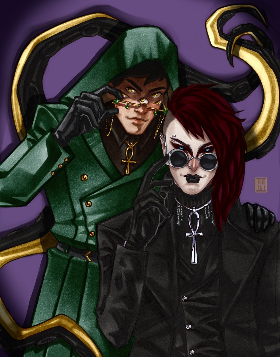 Commission done for <a href="/raineyellow/">Raine 🌼 Arcana Romance 2 OUT NOW</a> of their boi. Look at these too cool for you couple 🤠  

#VGenComm #VGen #commissionsopen