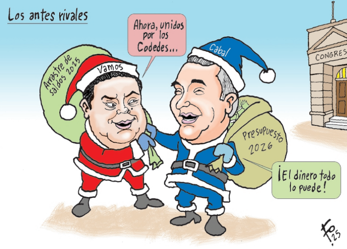 Two men dressed as Santa Claus, one in red and one in blue, carrying large sacks labeled "Presupuesto 2026" and "Aprobemos el 15%". They stand outside a building labeled "Congreso," smiling and holding hands, with speech bubbles saying "Ahora, unidos por los Codebes... Â¡El dinero todo lo puede!" and "Â¡Vamos!" A signature "Fo" is visible in the bottom right corner.