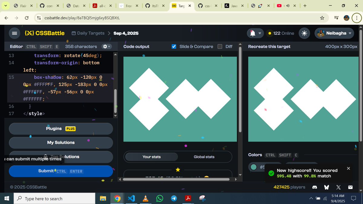 ItsThankK's tweet image. I just finished todays #CSSBattleDaily Sep 4 @css_battle
Used only 1 div, box shadow, transform origin, box shadow, positioning.
code: github.com/ItsThankK/css-…
99.8% match 🥺