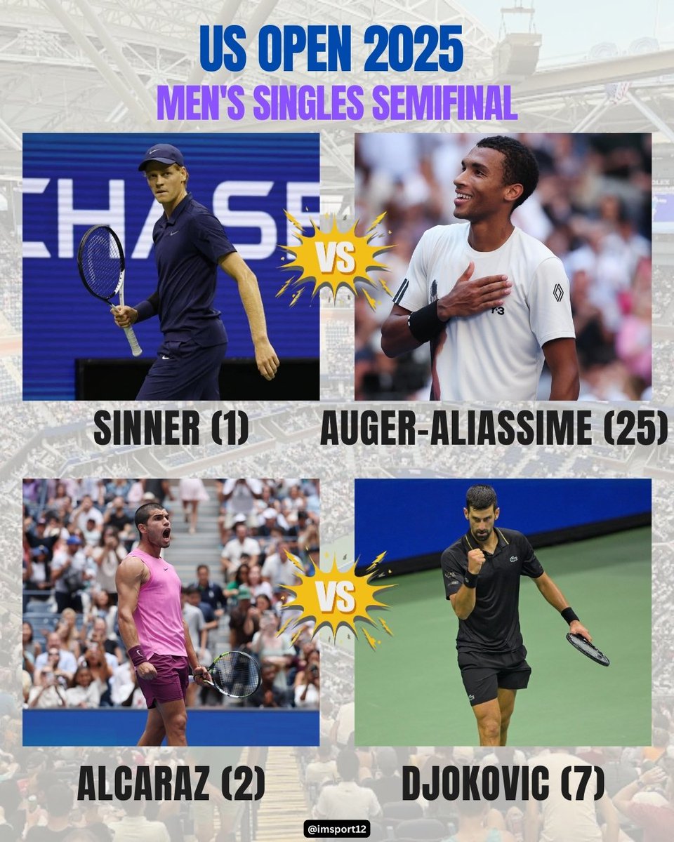 Friday Night New York Showdown set

Men's Singles Semifinals 

Jannik Sinner v Felix Auger-Aliassime 
( FAA leads H2H 2-1 )

Carlos Alcaraz v Novak Djokovic 
[ Nole leads H2H 5-3 ] 

#USOpen #USOpen2025 #USOpenTennis #ATP