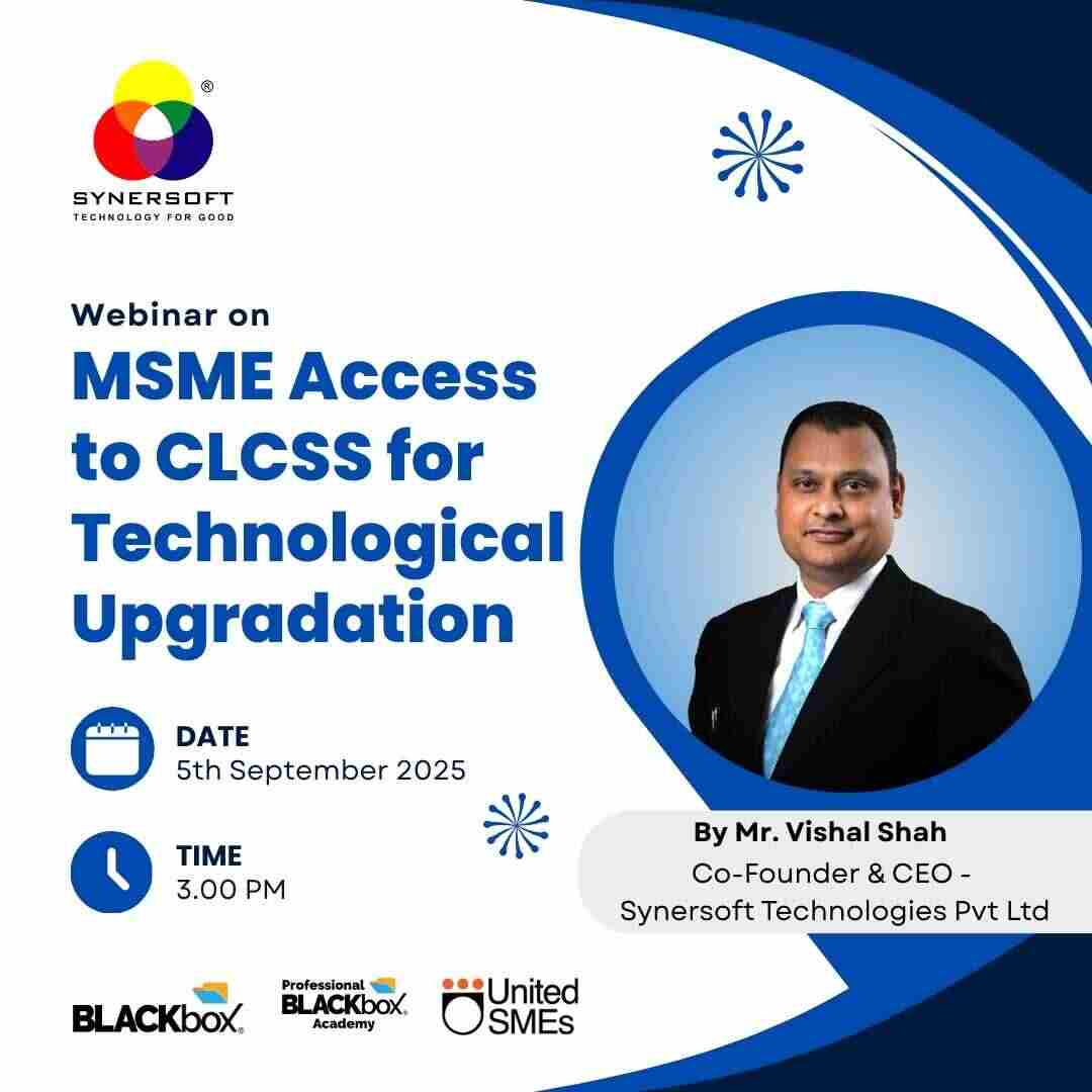 SynersoftTech's tweet image. 💰 Zero-interest financing for BLACKbox!

Join Synersoft CEO Vishal Prakash Shah to understand the CLCSS scheme and finance your IT upgrade without impacting cash flow. 💰

Friday, Sep 5, 2025 at 3:00 PM IST.

👉 Register now: synersoft.in/webinars/5thSe…

#MSME #CLCSS #BLACKbox