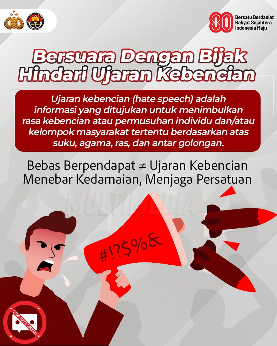 Kebebasan berpendapat adalah hak setiap orang. Namun,bukan berarti bebas menebar kebencian. Ujaran kebencian atau hate speech justru dapat melukai,memecah belah, dan merusak hubungan antarsesama. Mari Kita Waspada Provokator Pemecah Belah Bangsa dan Bersama #JagaKeutuhanIndonesia