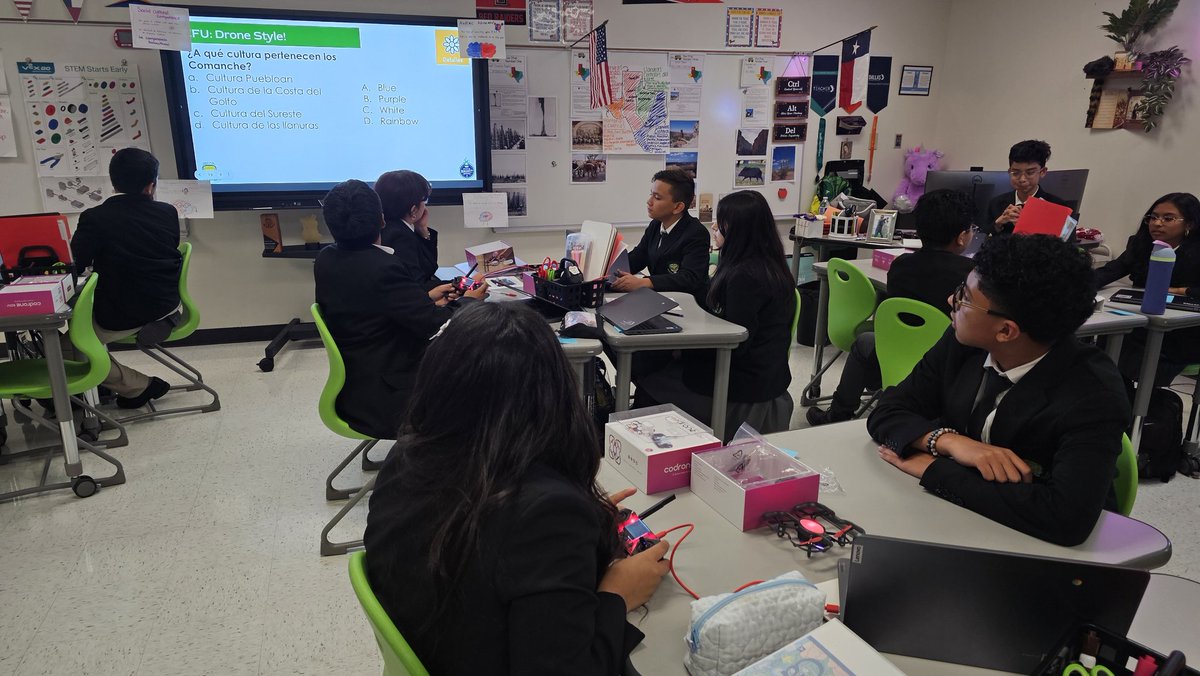 Mrs_Cortez12's tweet image. Who says you can’t do STEM in Social Studies? Drones + history = engagement unlocked! For today’s Texas History check for understanding, my @TAGinPG students coded their @Robolinkinc drones to light up in the color of the correct answer choice. They crushed it and are ready for…