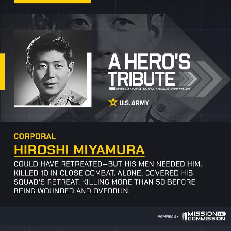 1951, Korea.
Cpl. Hiroshi Miyamura stayed behind so his men could escape—fighting waves of attackers until captured. He endured 2 years as a POW and earned the Medal of Honor.

#StoriesOfValor #KoreanWar #MedalOfHonor #MissionToCommission