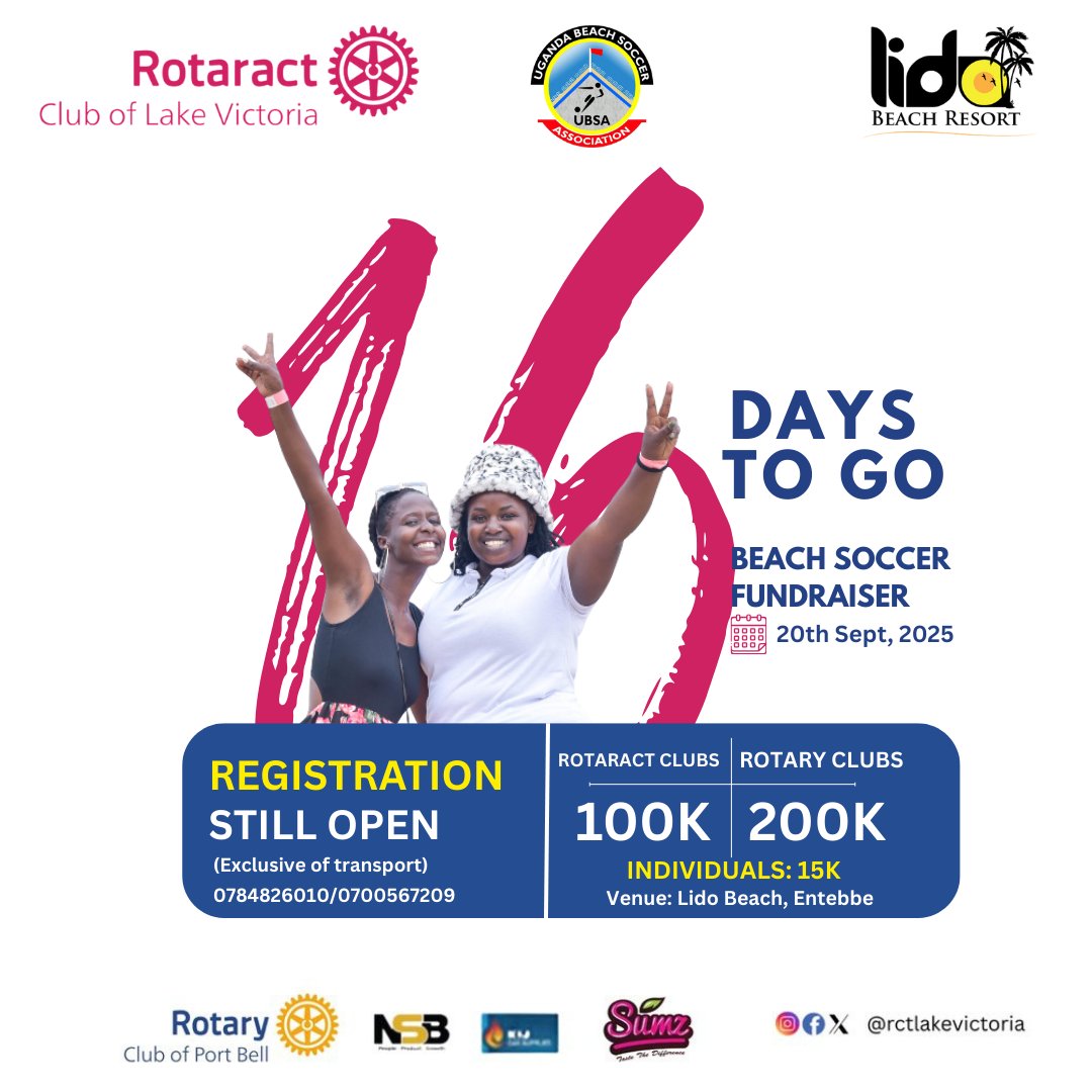 benjiethecleanr's tweet photo. Get ready for some sun, sand, and soccer! 

Join us at Lido Beach, Entebbe on Sept 20th, 2025 for the Beach Soccer Fundraiser!

Support a great cause while having a blast with friends and fellow Rotaractors! 
@rctlakevictoria https://t.co/K8lK1aJTSF