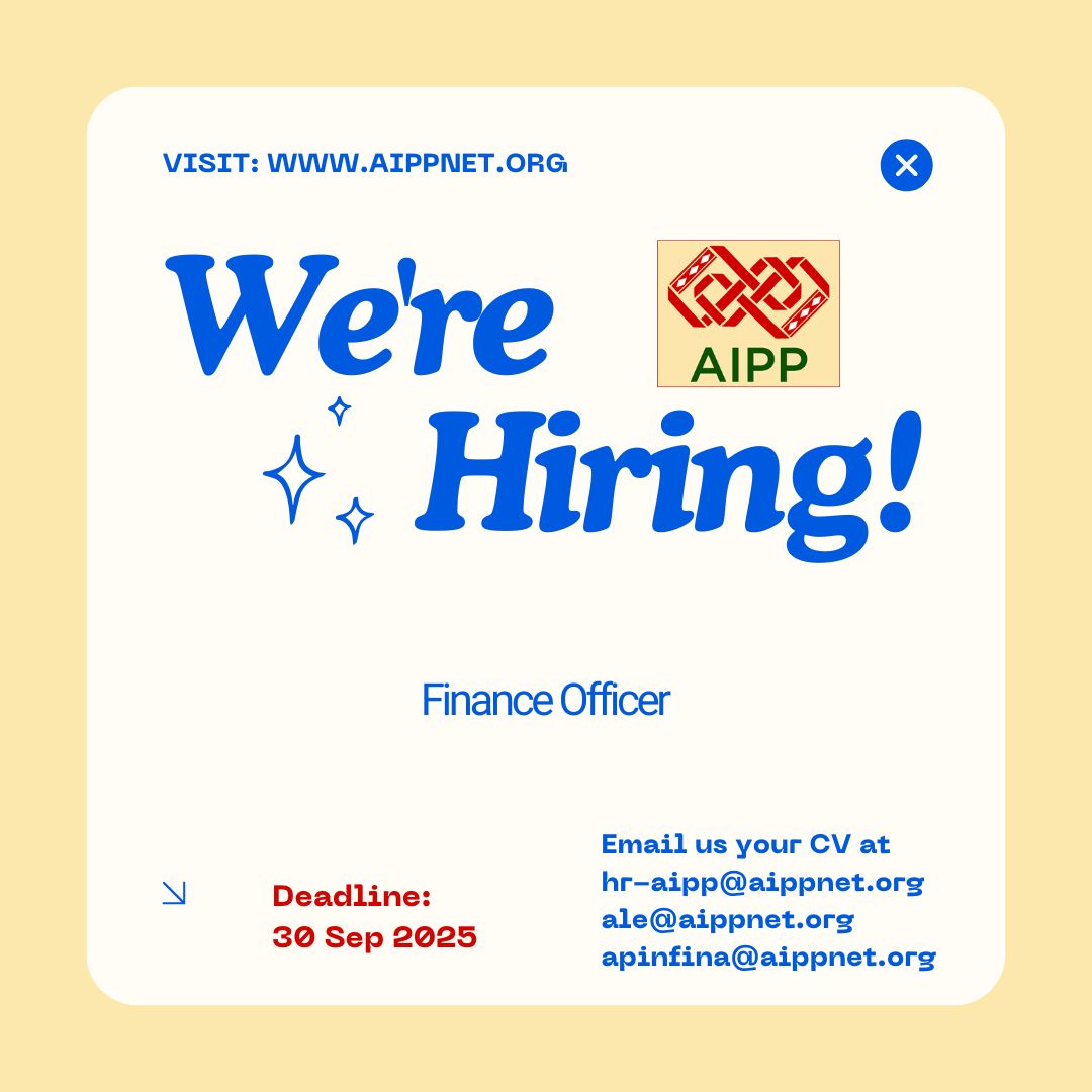 📢 AIPP is hiring!
Finance Officer – 1 year (renewable)
📍 Chiang Mai, Thailand | Deadline: 30 Sept 2025

Open to Indigenous persons in Thailand (priority: women, youth, PwDs).
Read: aippnet.org/call-for-appli…

#AsiaIndigenous #JobOpportunity #IndigenousPeoples #FinanceOfficer #AIPP