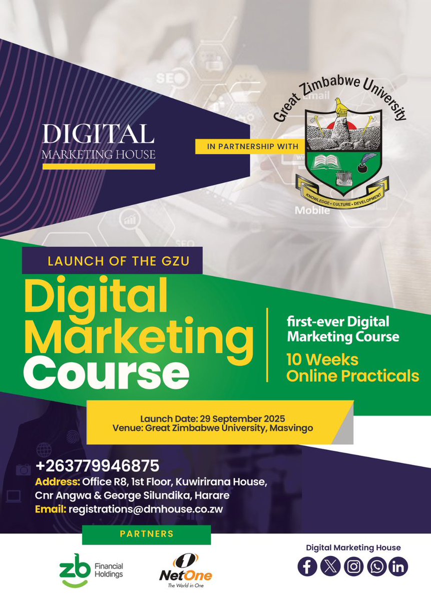 DMhouseZW's tweet photo. Get ready for a 10 week practical digital marketing course in partnership with Great Zimbabwe University. Its 100% online.  
Register now: www https://t.co/rLIHUV2UX2 https://t.co/l33mWBEaGA