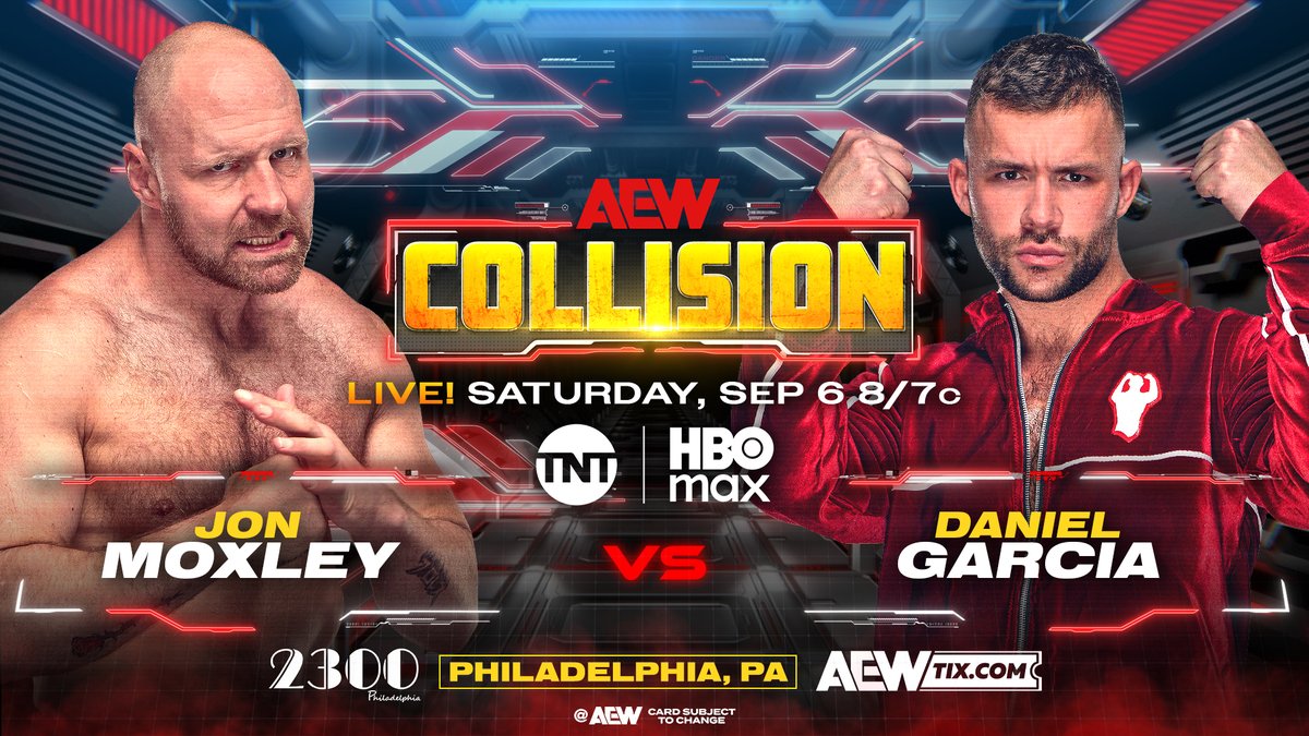AEW's tweet image. This Saturday, 9/6!

Multiple rivalries will boil over and more on #AEWCollision!

Join us LIVE at 8/7c on @TNTDrama + @SportsOnMAX!