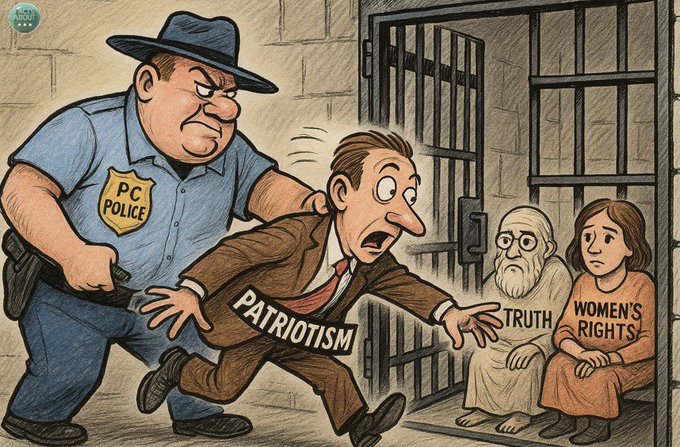 A cartoon showing a police officer labeled "PC" pushing a man labeled "Patriotism" toward a jail cell. Inside the cell, an elderly man labeled "Truth" and a woman labeled "Women Rights" sit behind bars. The setting includes stone walls and iron bars.