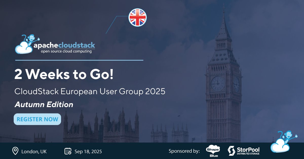 CloudStack's tweet image. 2 weeks to go to #CSEUG2025, Autumn Edition!
Whether you're a developer, architect, or decision-maker, this event is your opportunity to connect, learn, and shape the future of Apache #CloudStack.
Register now to join the community in London!
👉 tinyurl.com/5fdjzmj3