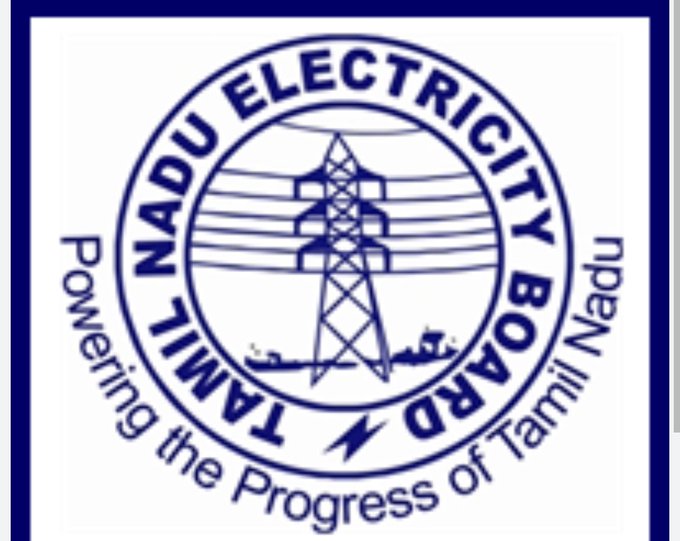 A circular logo with a blue outline featuring a power transmission tower with multiple lines. The text "Tamil Nadu Electricity Board" encircles the top, and "Powering the Progress of Tamil Nadu" is written at the bottom. A lightning bolt symbol is visible near the tower.
