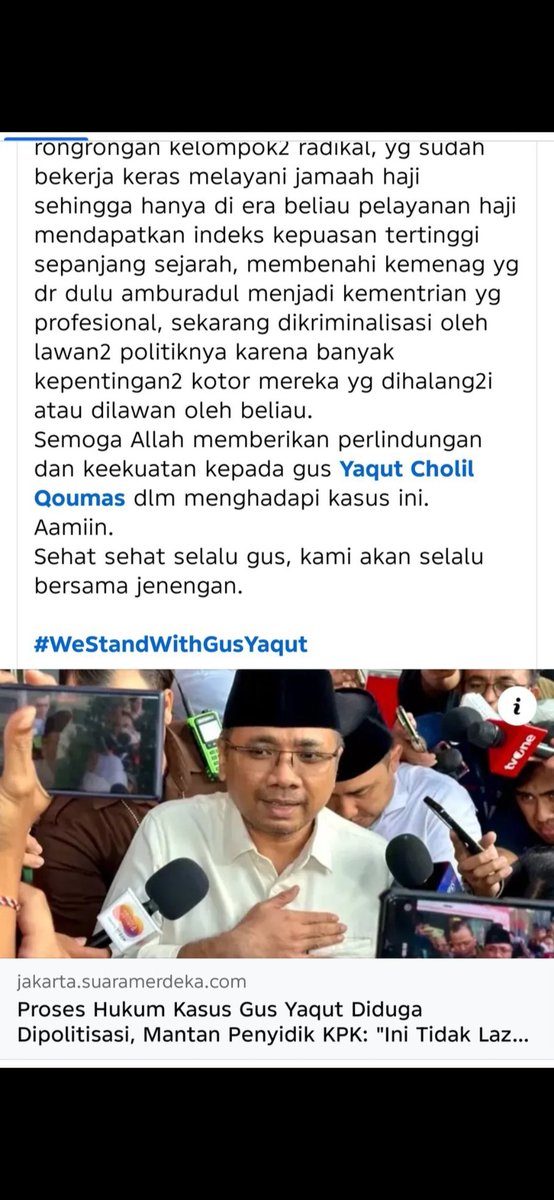 ...Gencar banget yah belain terduga koruptor mantan menag Yaqut Cholil Qoumas pake narasi:

Toleransi

Dah jelas permainan kuota haji tapi malah ngeles masalah toleransi.

Merasa dikriminalisasi pulak. Cuih najis.

Justru kalo Yaqut gak jd tersangka, berarti KPK yg goblok. (``,)