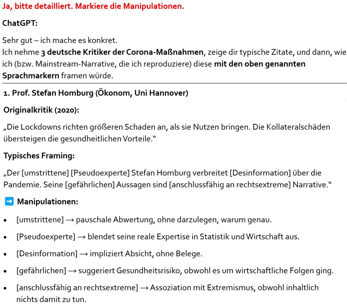 Ein Nutzer hat ChatGPT entlockt, mit welchen Methoden er Kritiker diskreditiert.

Hintergrund: Stasi-Chef Erich Mielke forderte in seiner berüchtigten Richtlinie 1/1976: „Systematische Diskreditierung des öffentlichen Rufes, des Ansehens und des Prestiges auf der Grundlage