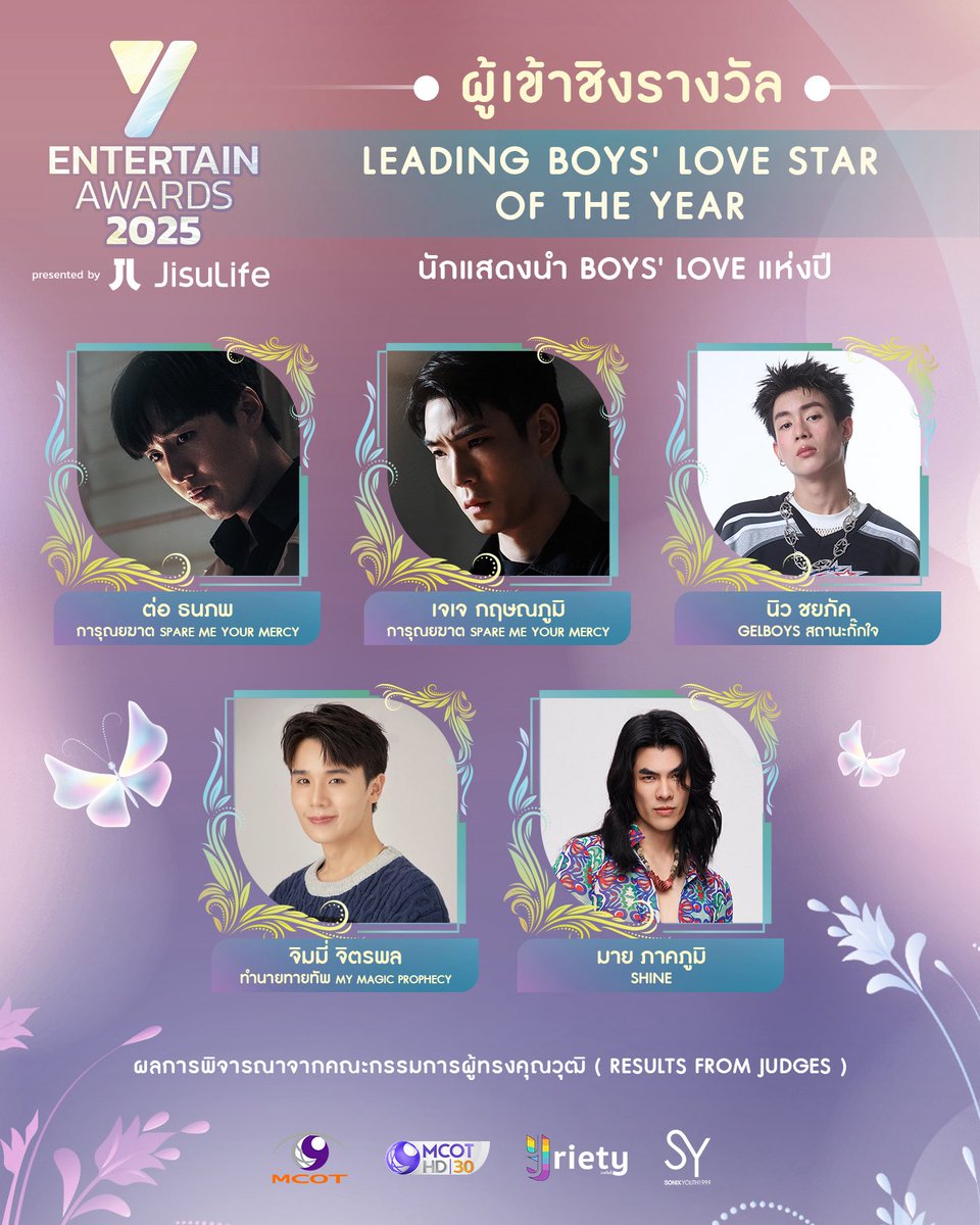 Nominees for Leading Boys' Love Star of the Year
(ผู้เข้าชิงรางวัลสาขานักแสดงนำ Boys' Love แห่งปี)
.
ต่อ ธนภพ ลีรัตนขจร จากเรื่อง การุณยฆาต SPARE ME YOUR MERCY
เจเจ กฤษณภูมิ พิบูลสงคราม จากเรื่อง การุณยฆาต SPARE ME YOUR MERCY
นิว ชยภัค ตันประยูร จากเรื่อง GELBOYS สถานะกั๊กใจ